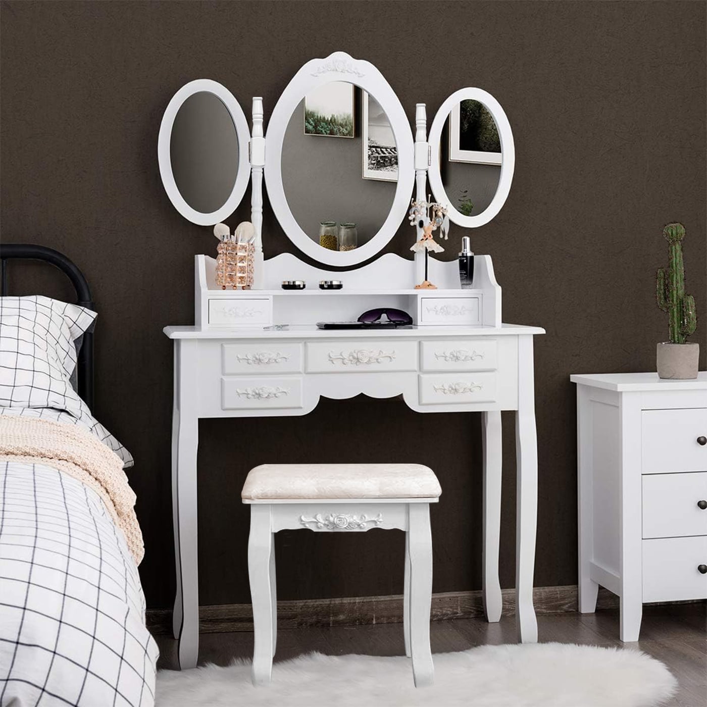TOCADOR MDF BLANCO CON ESPEJO TRIPLE Y TABURETE ACOLCHADO - 4
