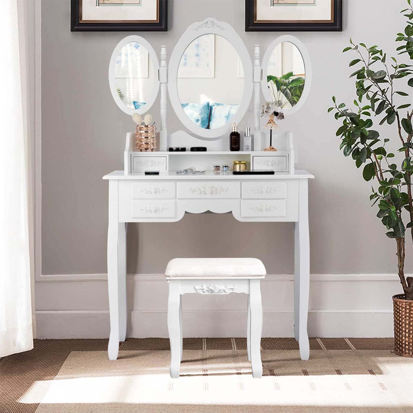 TOCADOR MDF BLANCO CON ESPEJO TRIPLE Y TABURETE ACOLCHADO - 5