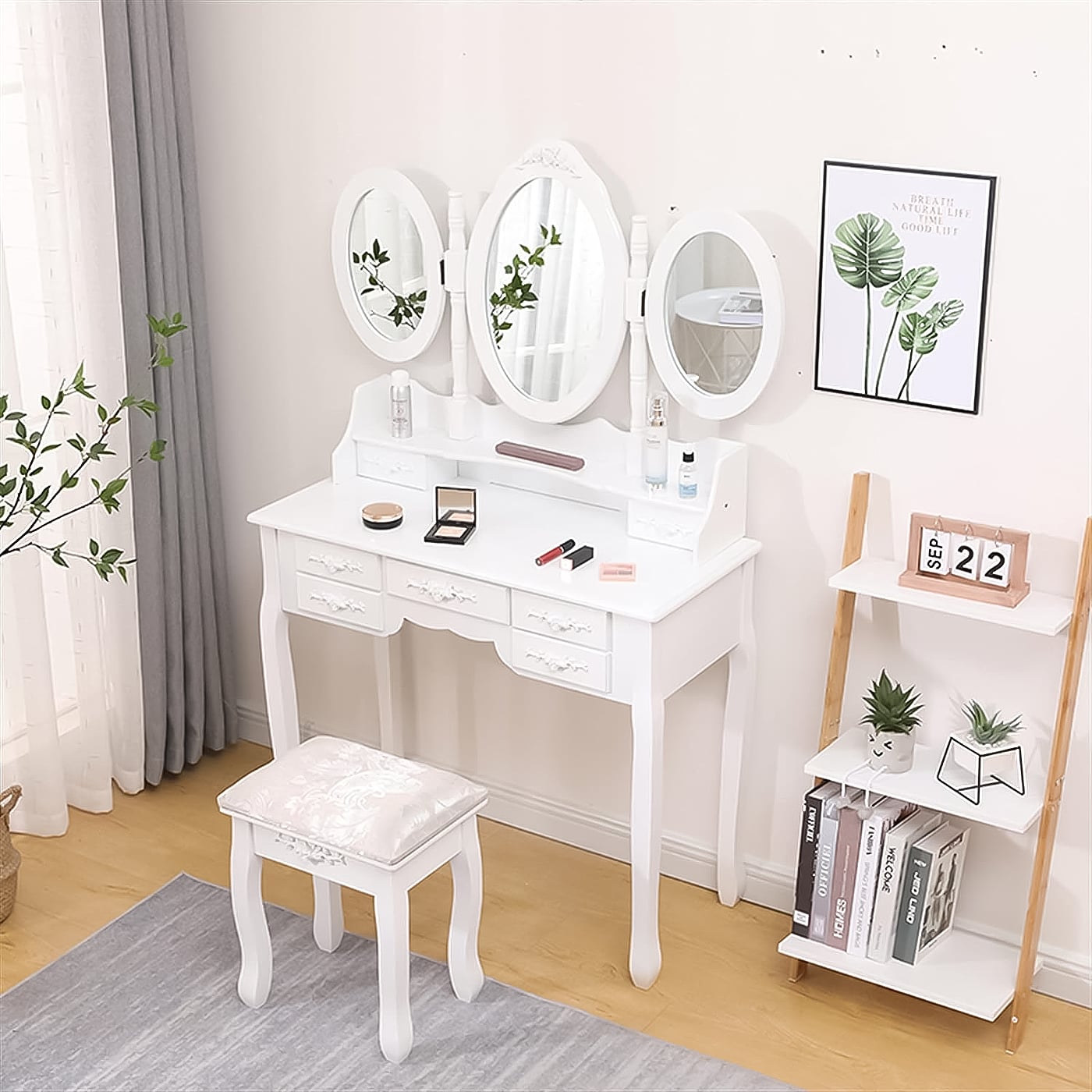TOCADOR MDF BLANCO CON ESPEJO TRIPLE Y TABURETE ACOLCHADO - 6
