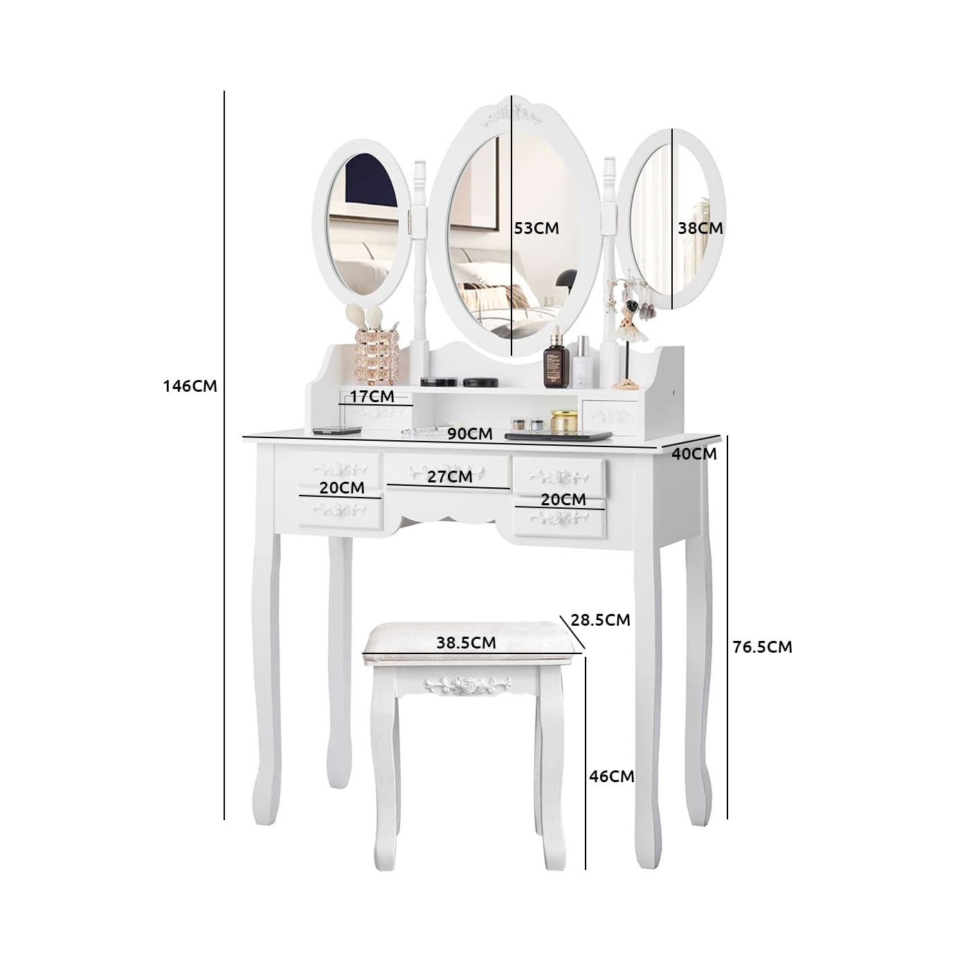 TOCADOR MDF BLANCO CON ESPEJO TRIPLE Y TABURETE ACOLCHADO - 7