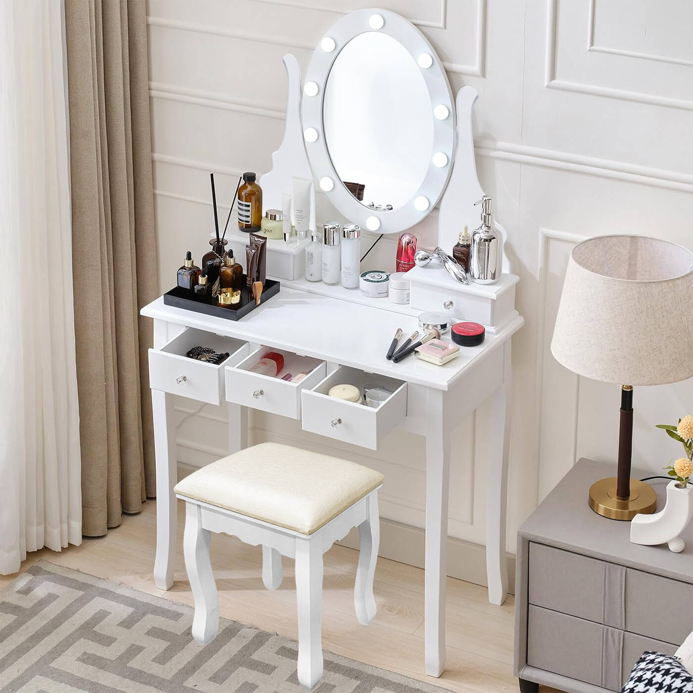 TOCADOR MDF BLANCO CON ESPEJO ILUMINADO Y TABURETE ACOLCHADO - 2