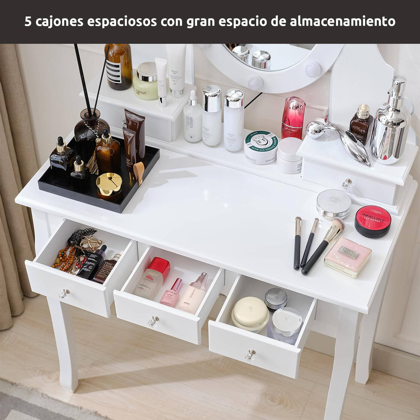 TOCADOR MDF BLANCO CON ESPEJO ILUMINADO Y TABURETE ACOLCHADO - 4