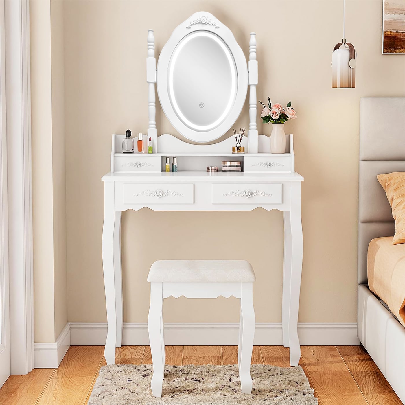 TOCADOR MDF BLANCO CON ESPEJO ILUMINADO Y TABURETE ACOLCHADO - 2