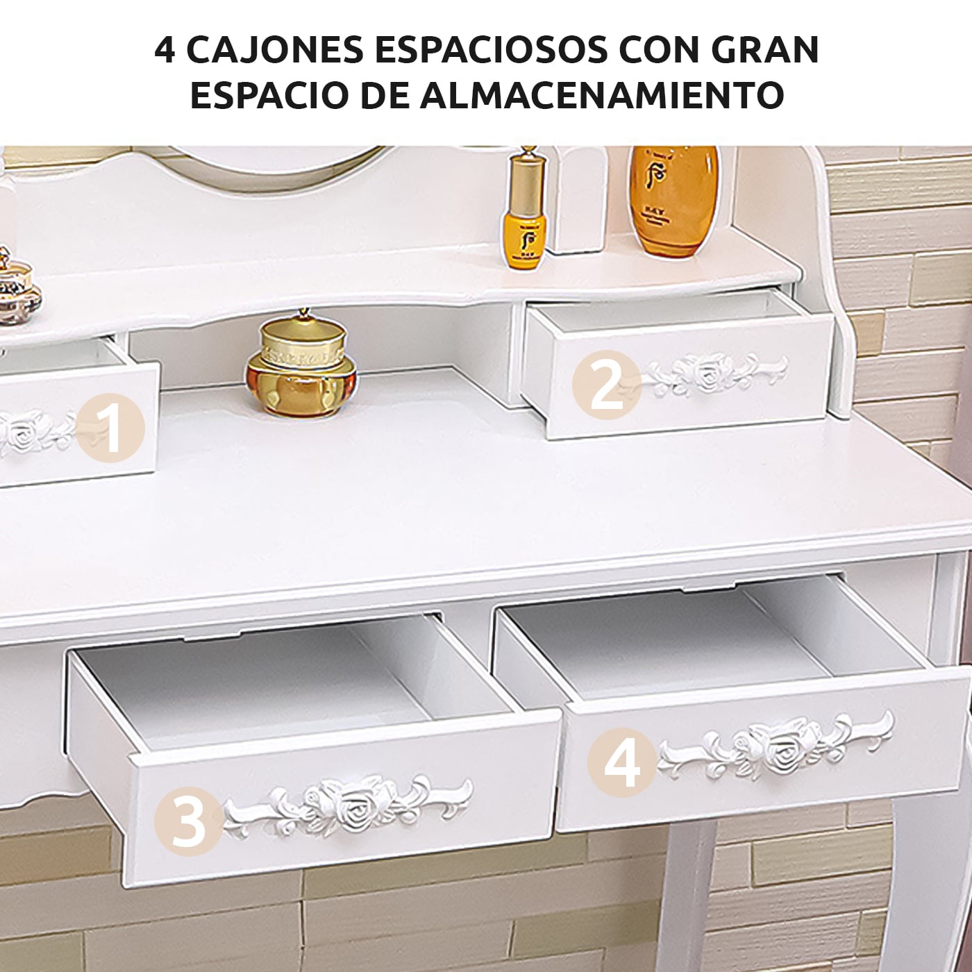 TOCADOR MDF BLANCO CON ESPEJO ILUMINADO Y TABURETE ACOLCHADO - 5