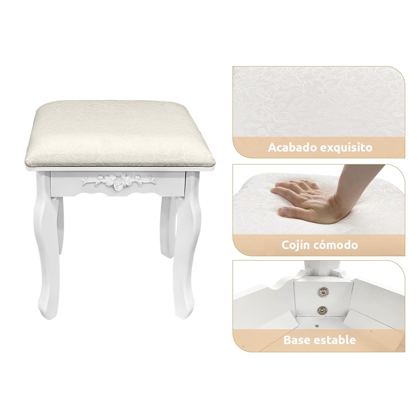 TOCADOR MDF BLANCO CON ESPEJO ILUMINADO Y TABURETE ACOLCHADO - 6