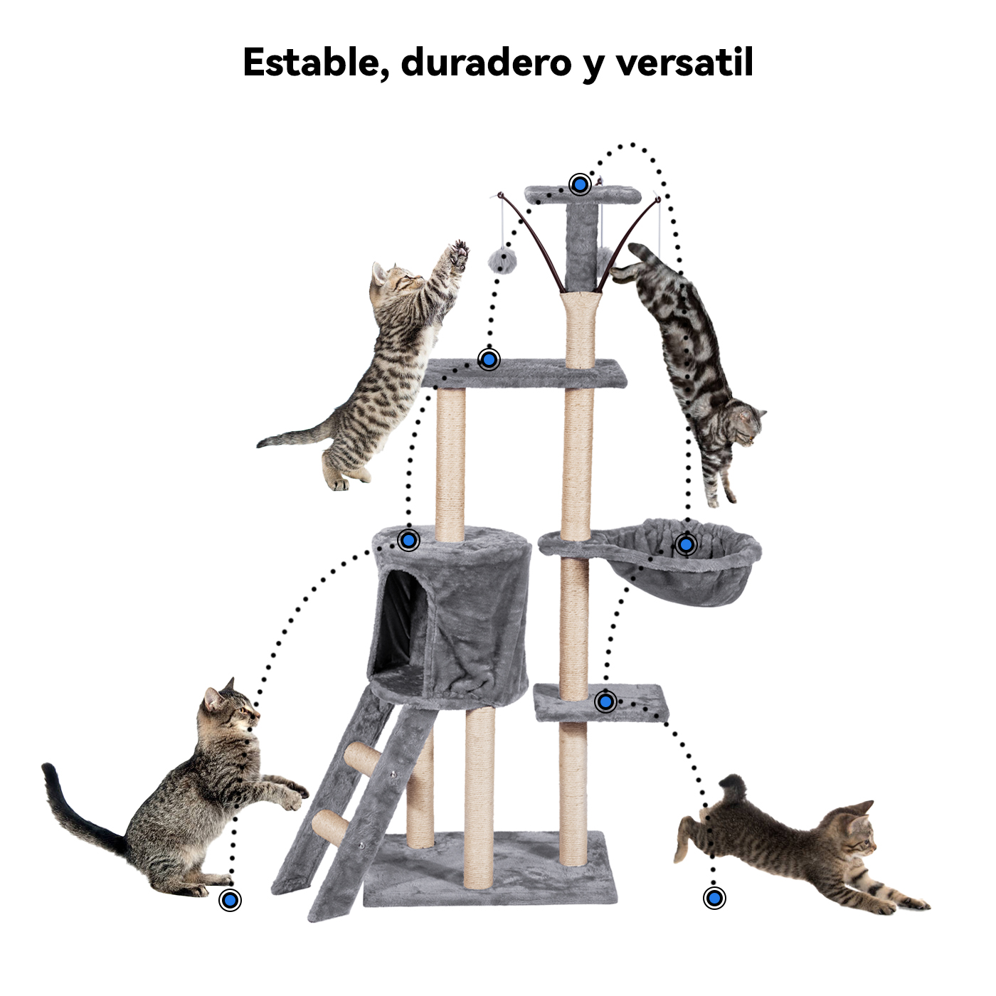 TORRE ARBOL RASCADOR GATOS CON HAMACA YUTE BOLA 138 CM MARENGO - 4