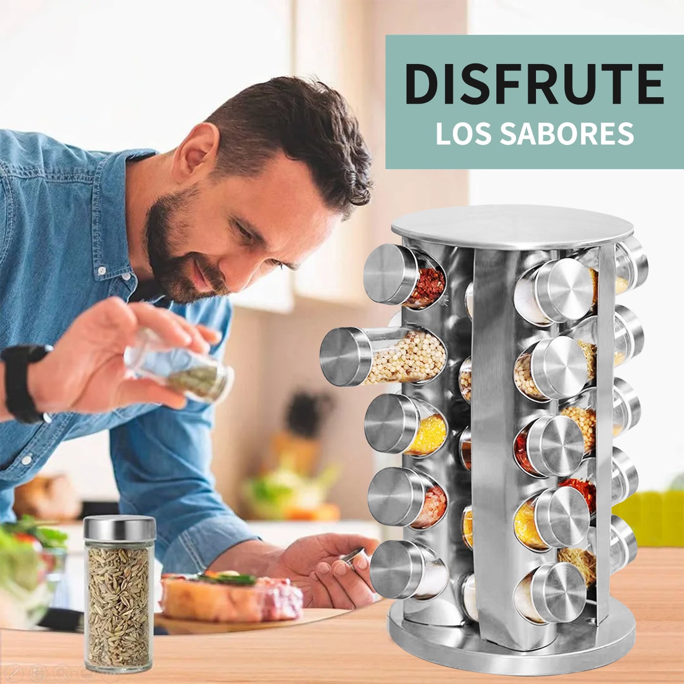 CONDIMENTEROS ESPECIERO GIRATORIO COCINA 20 FRASCOS COLOR PLATEADO - 2