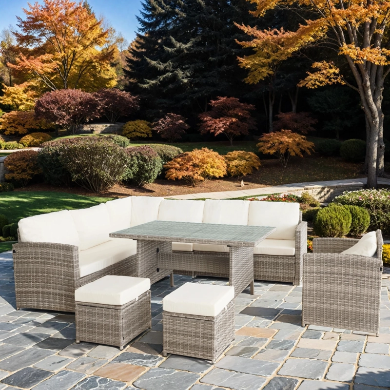 JUEGO DE COMEDOR DE TERRAZA RIVIERA 9 PERSONAS - BEIGE/GRIS - 1