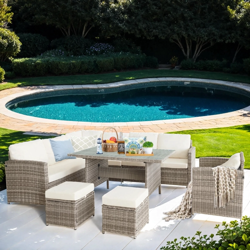 JUEGO DE COMEDOR DE TERRAZA RIVIERA 9 PERSONAS - BEIGE/GRIS - 2