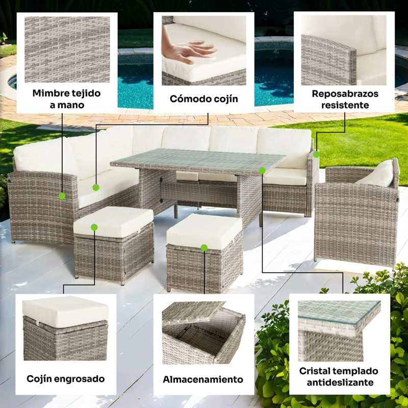 JUEGO DE COMEDOR DE TERRAZA RIVIERA 9 PERSONAS - BEIGE/GRIS - 6