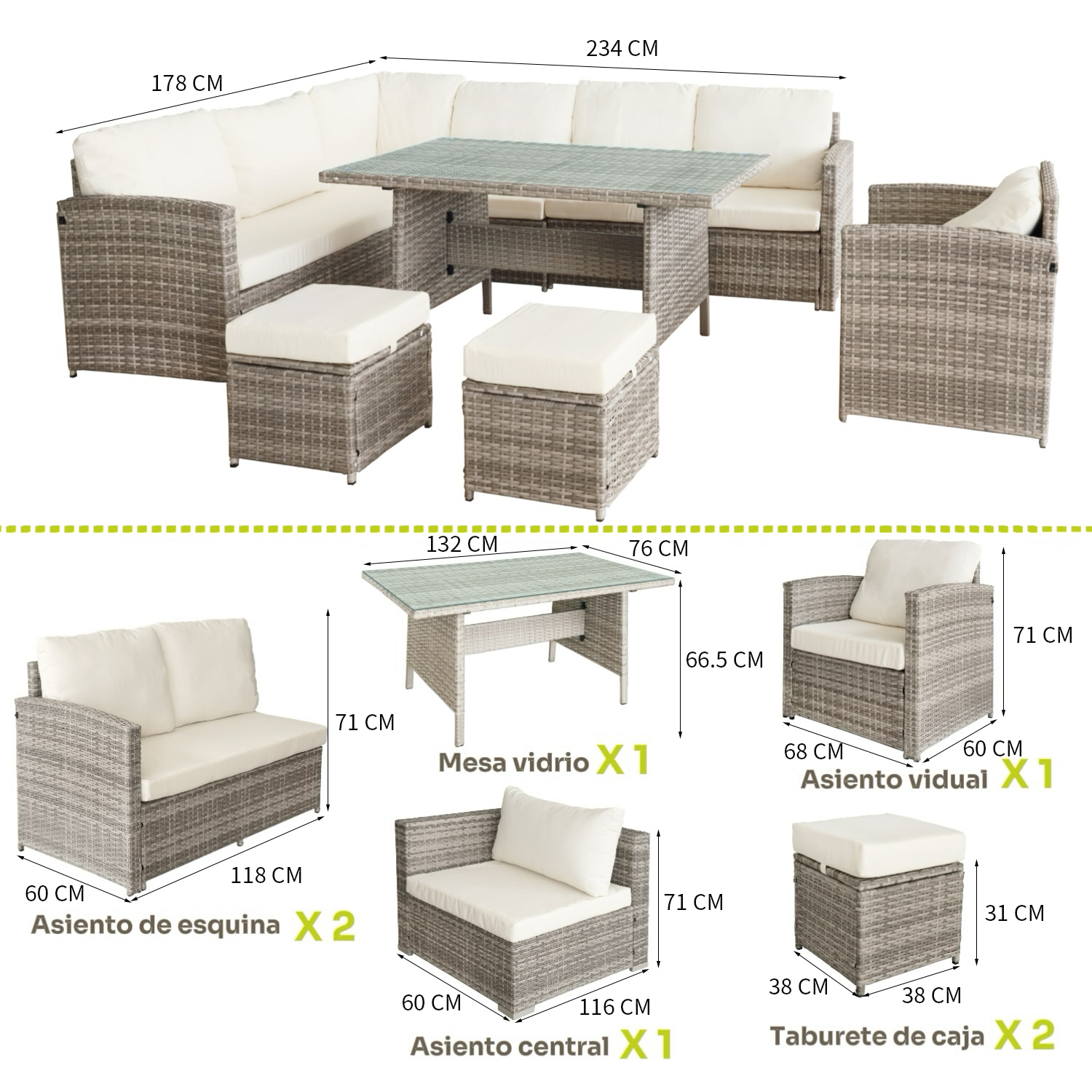 JUEGO DE COMEDOR DE TERRAZA RIVIERA 9 PERSONAS - BEIGE/GRIS - 7
