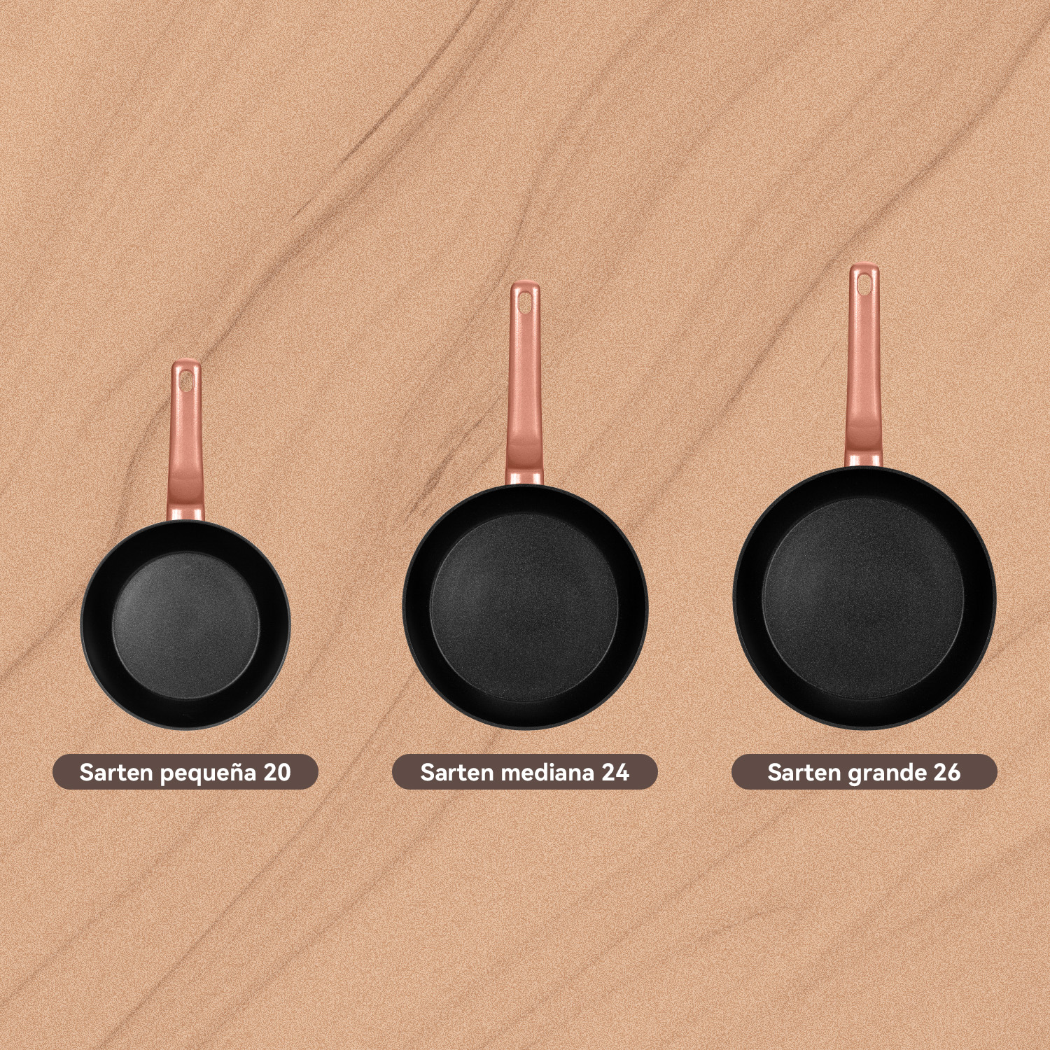 SET SARTENES ALUMINIO ANTIADHERENTES 3 PIEZAS 20/24/26CM ORO ROSA - 4