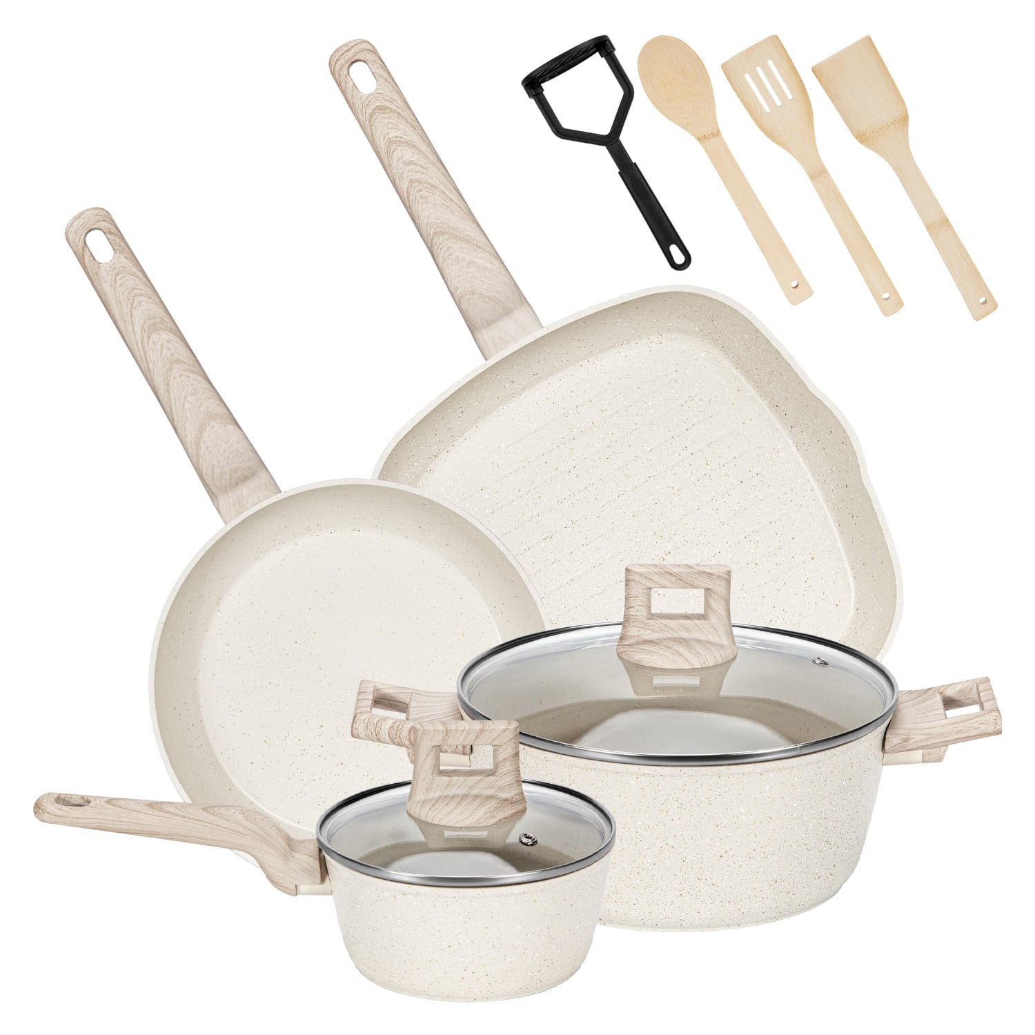 BATERIA COCINA ALUMINIO BIFERA ANTIADHERENTE GRANITO 10 PIEZAS CREMA - 1