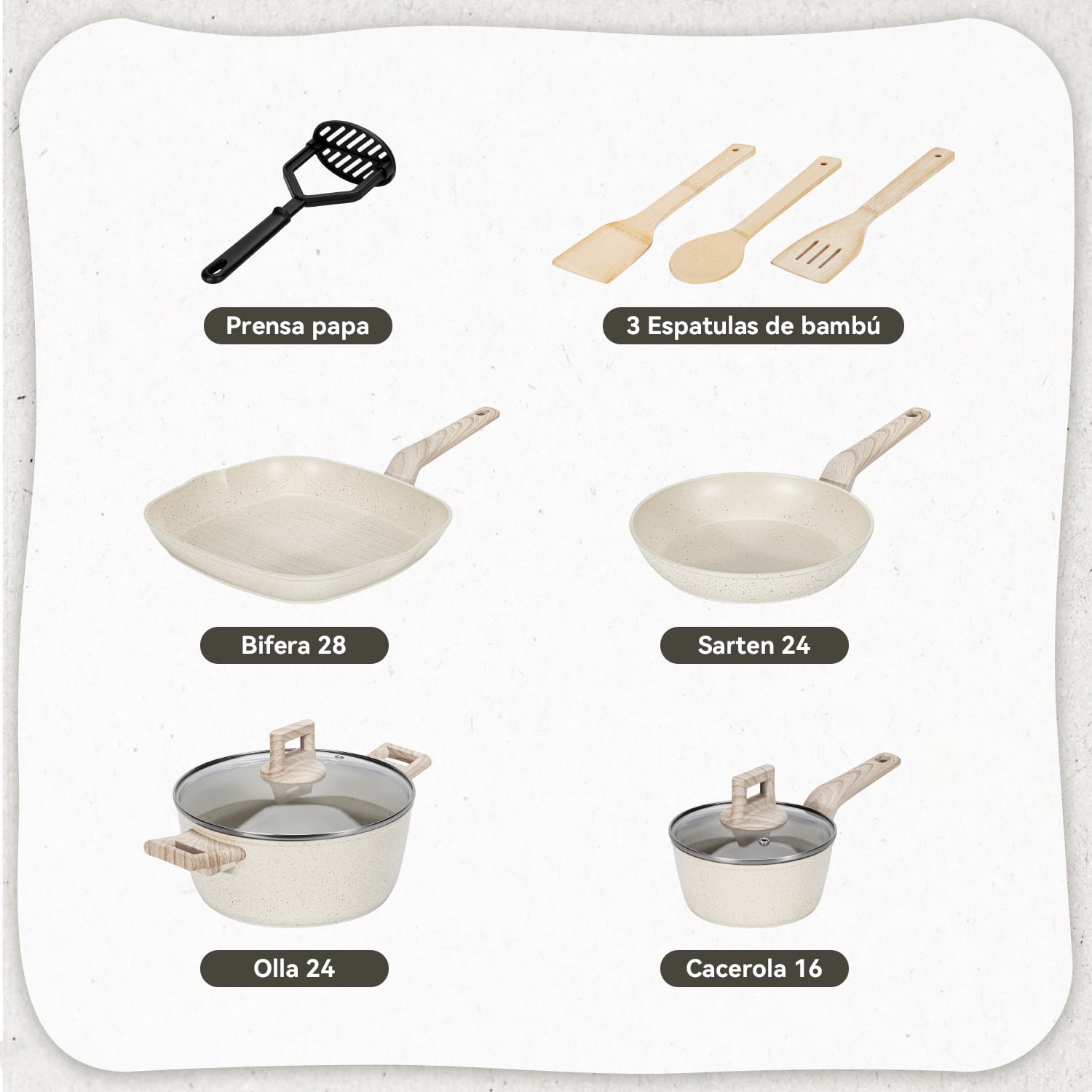 BATERIA COCINA ALUMINIO BIFERA ANTIADHERENTE GRANITO 10 PIEZAS CREMA - 2