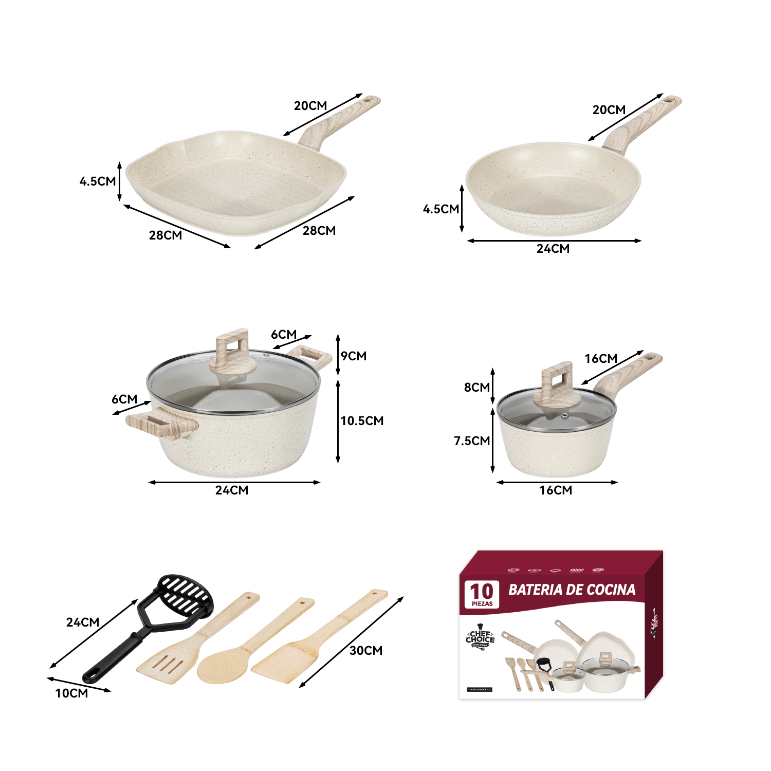 BATERIA COCINA ALUMINIO BIFERA ANTIADHERENTE GRANITO 10 PIEZAS CREMA - 7