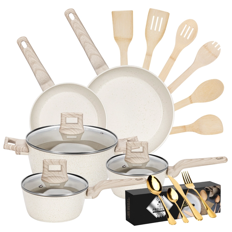 BATERIA DE COCINA ALUMINIO 38 PCS ANTIADHERENTE GRANITO BLANCO CREMA - 1