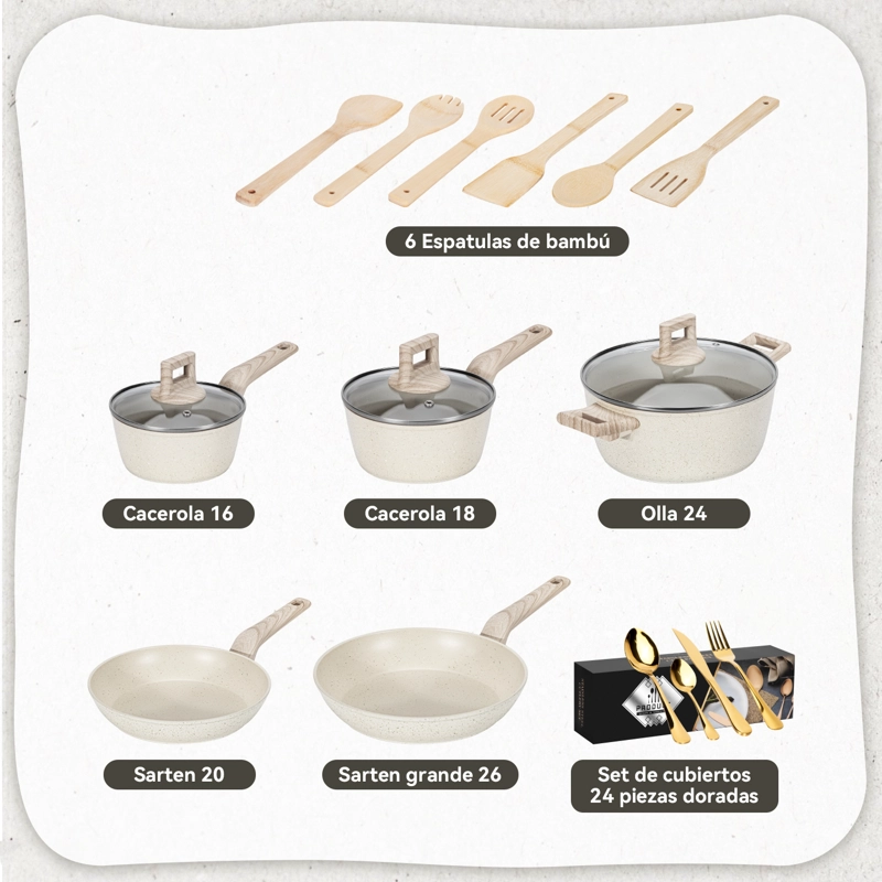BATERIA DE COCINA ALUMINIO 38 PCS ANTIADHERENTE GRANITO BLANCO CREMA - 2