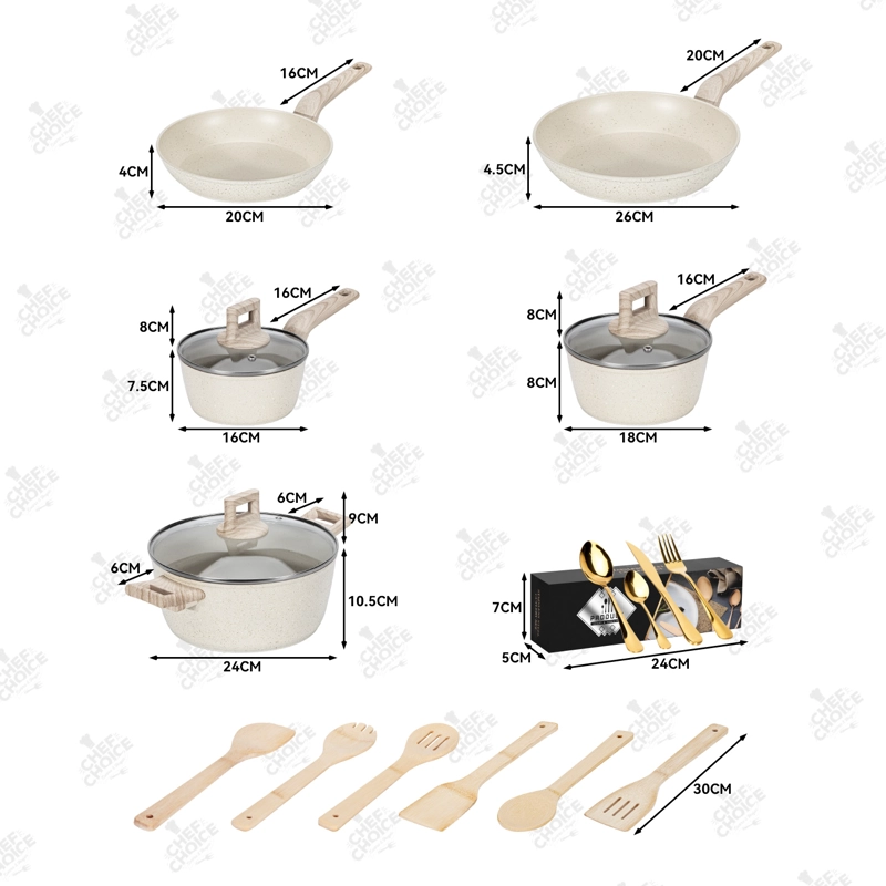 BATERIA DE COCINA ALUMINIO 38 PCS ANTIADHERENTE GRANITO BLANCO CREMA - 6