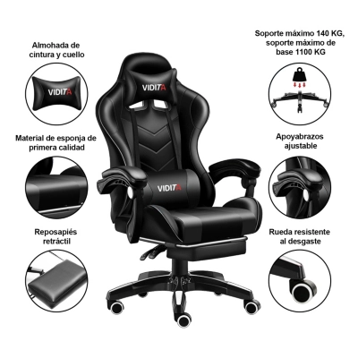 SILLA GAMER PROFESIONAL GX2000 CON REPOSAPIÉS-NEGRO - 4