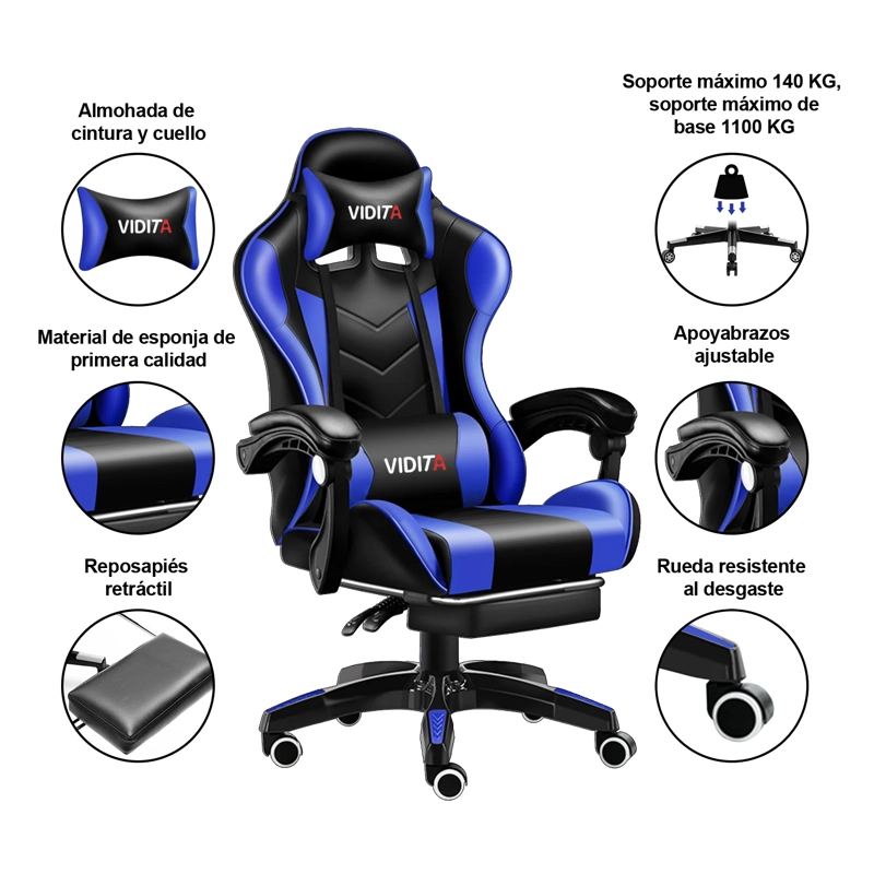 SILLA GAMER PROFESIONAL GX2000 CON REPOSAPIÉS-AZUL - 4
