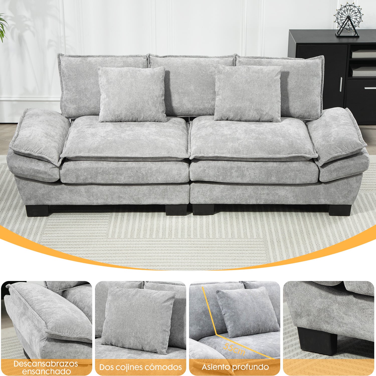 SOFÁ 3 CUERPOS MARIANA EN CHENILLE GRIS - 225X82X80 CM - 3