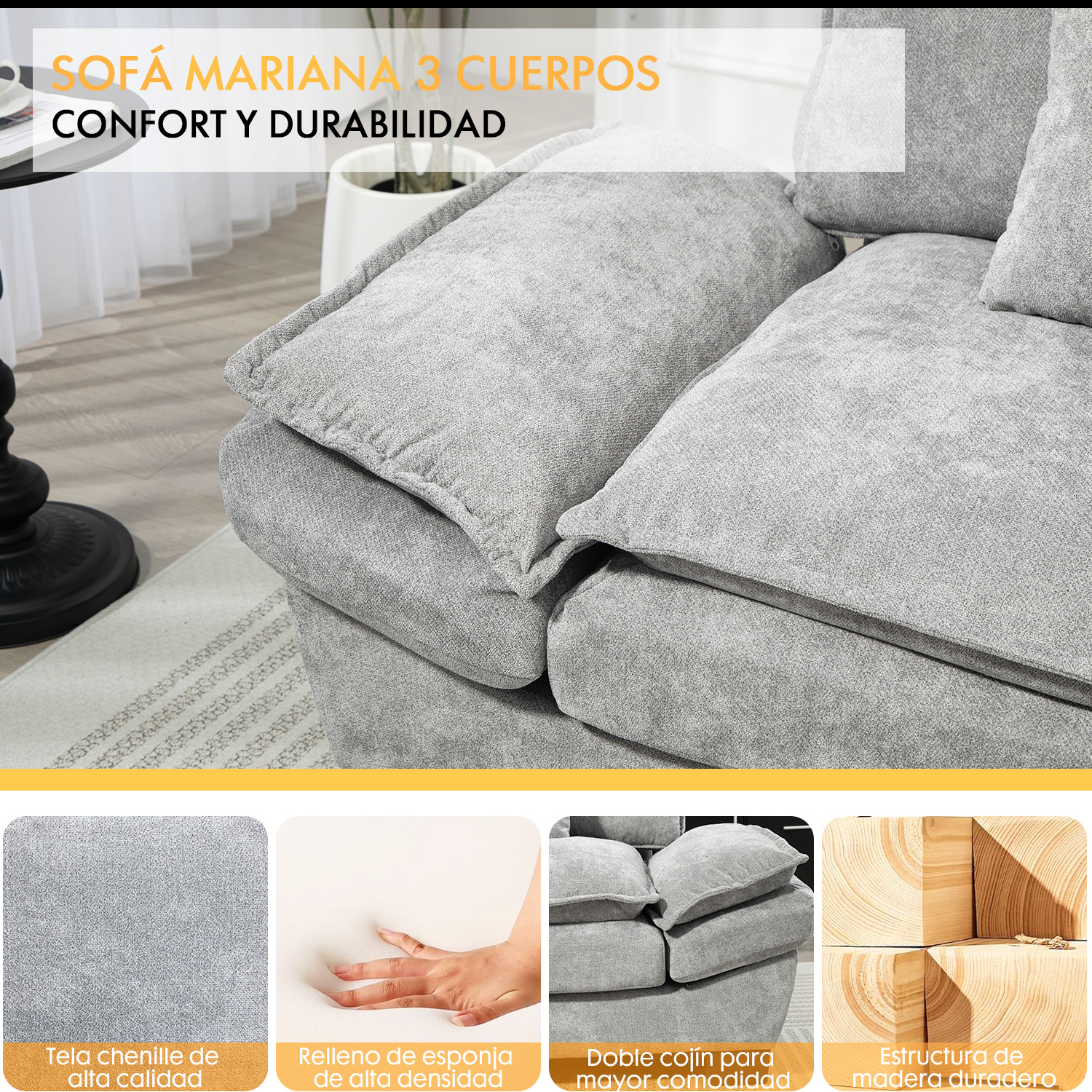 SOFÁ 3 CUERPOS MARIANA EN CHENILLE GRIS - 225X82X80 CM - 7