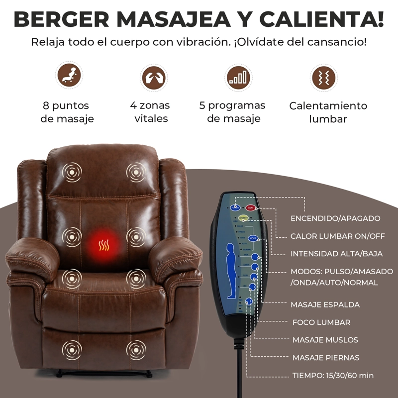 BERGER RECLINABLE FREDDO DE CUERO PU CON MASAJE Y CALEFACCIÓN MARRÓN - 6