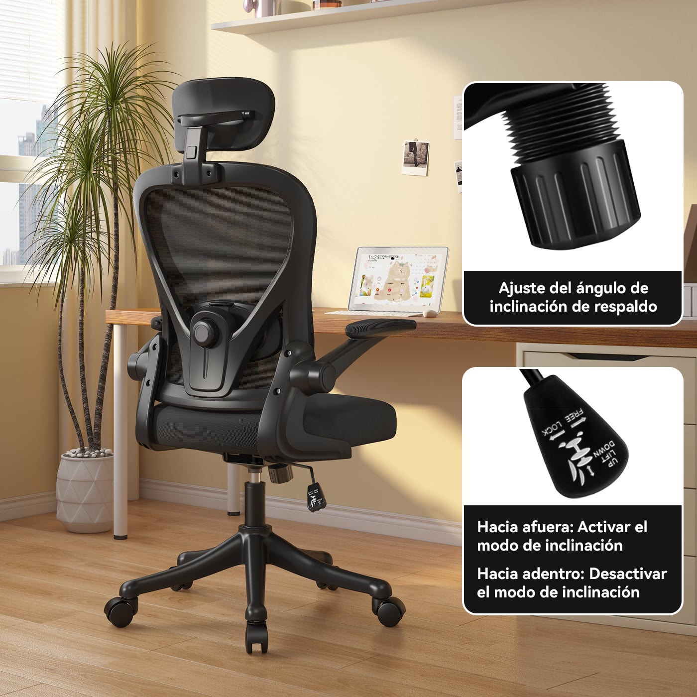 SILLA OFICINA REBONEC METAL EN COLOR NEGRO ESCRITORIO ERGONÓMICO SOPORTE LUMBAR AJUSTABLE - 4