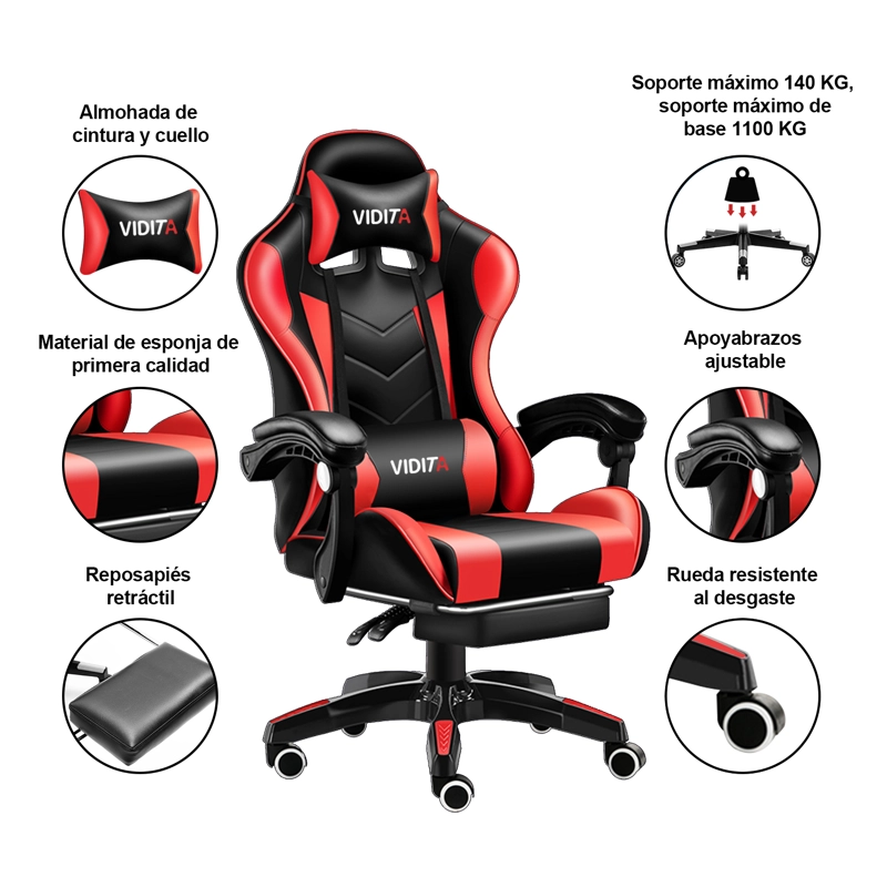 SILLA GAMER PROFESIONAL GX2000 CON REPOSAPIÉS-EN COLOR ROJO - 3