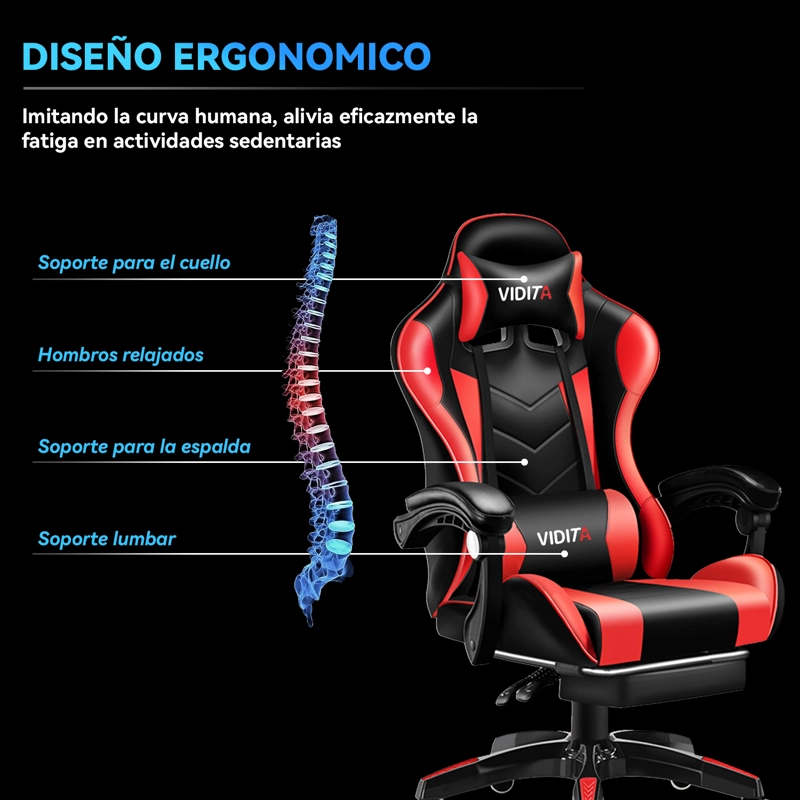 SILLA GAMER PROFESIONAL GX2000 CON REPOSAPIÉS-EN COLOR ROJO - 6