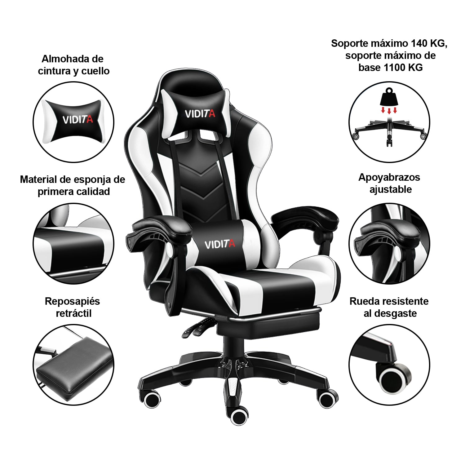 SILLA GAMER PROFESIONAL GX2000 CON REPOSAPIÉS-EN COLOR BLANCO - 3