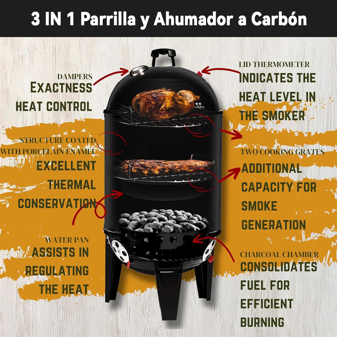 3 EN 1 PARRILLA Y AHUMADOR A CARBON DIAMETRO 43,5 CM - 3