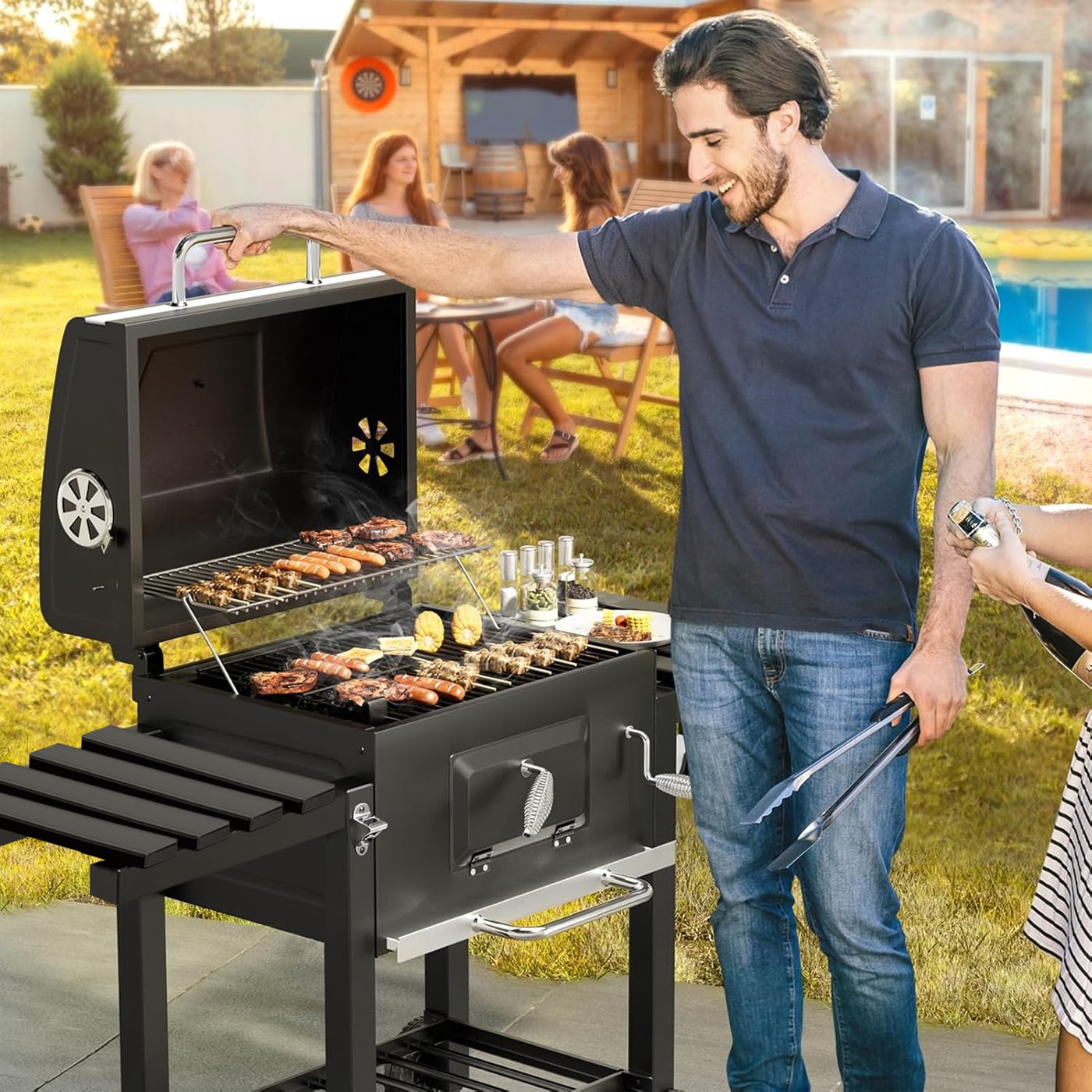 PARRILLA A CARBON CON RUEDAS Y 2 BANDEJAS LATERALES 135X47,5X106CM - 10