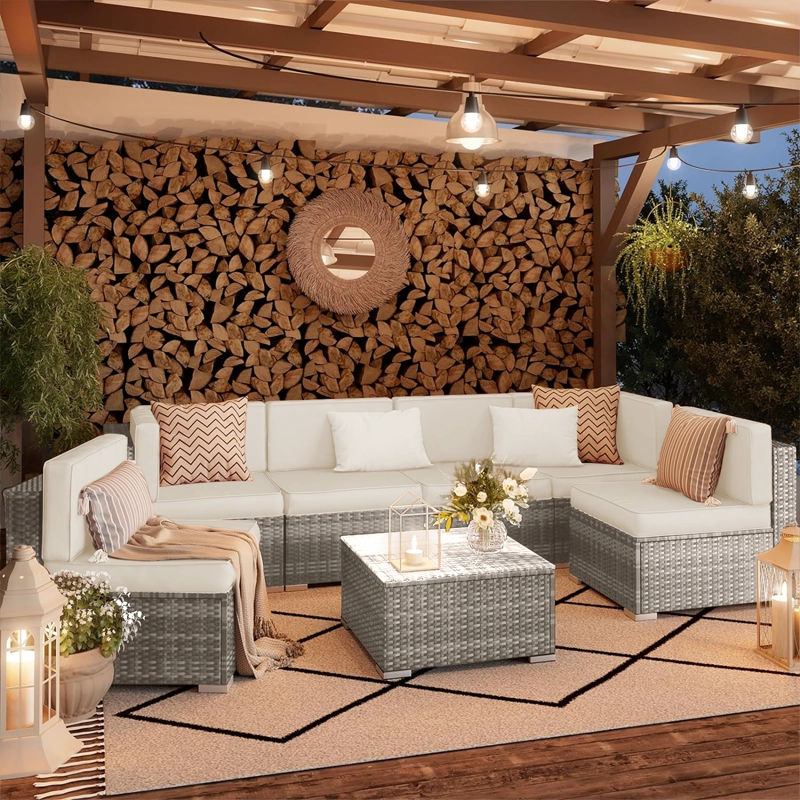 JUEGO DE LIVING DE TERRAZA - SOFA SECCIONAL DE 7 PIEZAS PE RATAN PARA JARDIN - 2