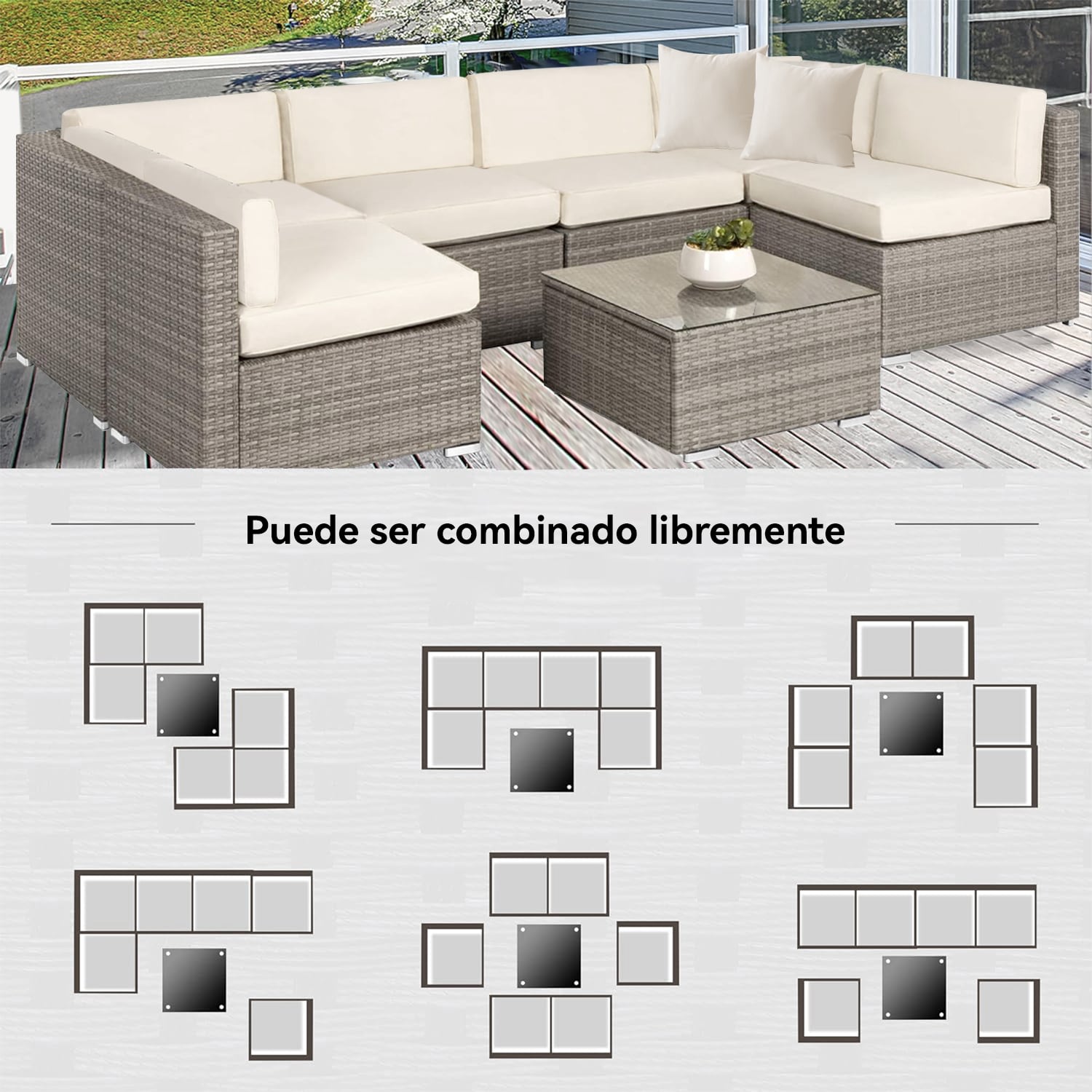JUEGO DE LIVING DE TERRAZA - SOFA SECCIONAL DE 7 PIEZAS PE RATAN PARA JARDIN - 4