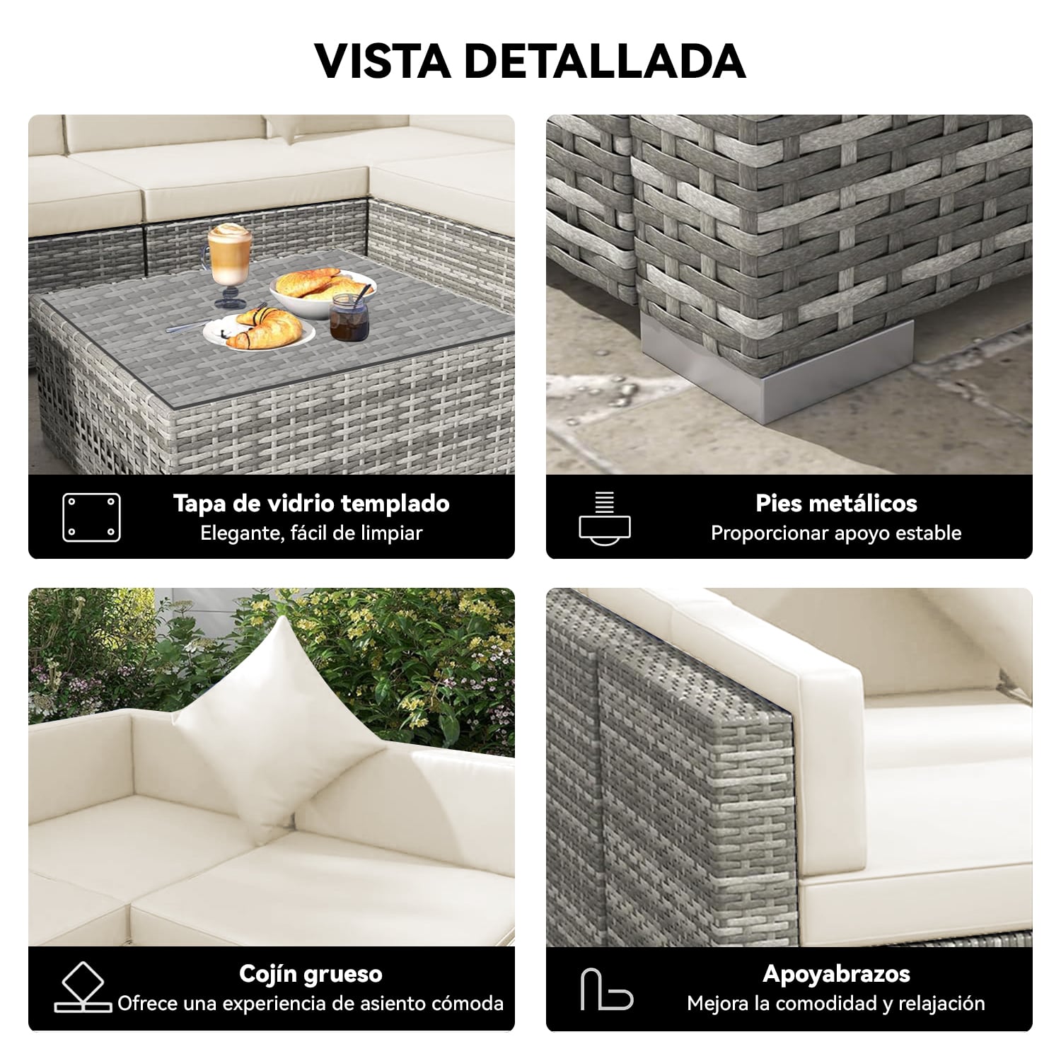 JUEGO DE LIVING DE TERRAZA - SOFA SECCIONAL DE 7 PIEZAS PE RATAN PARA JARDIN - 5