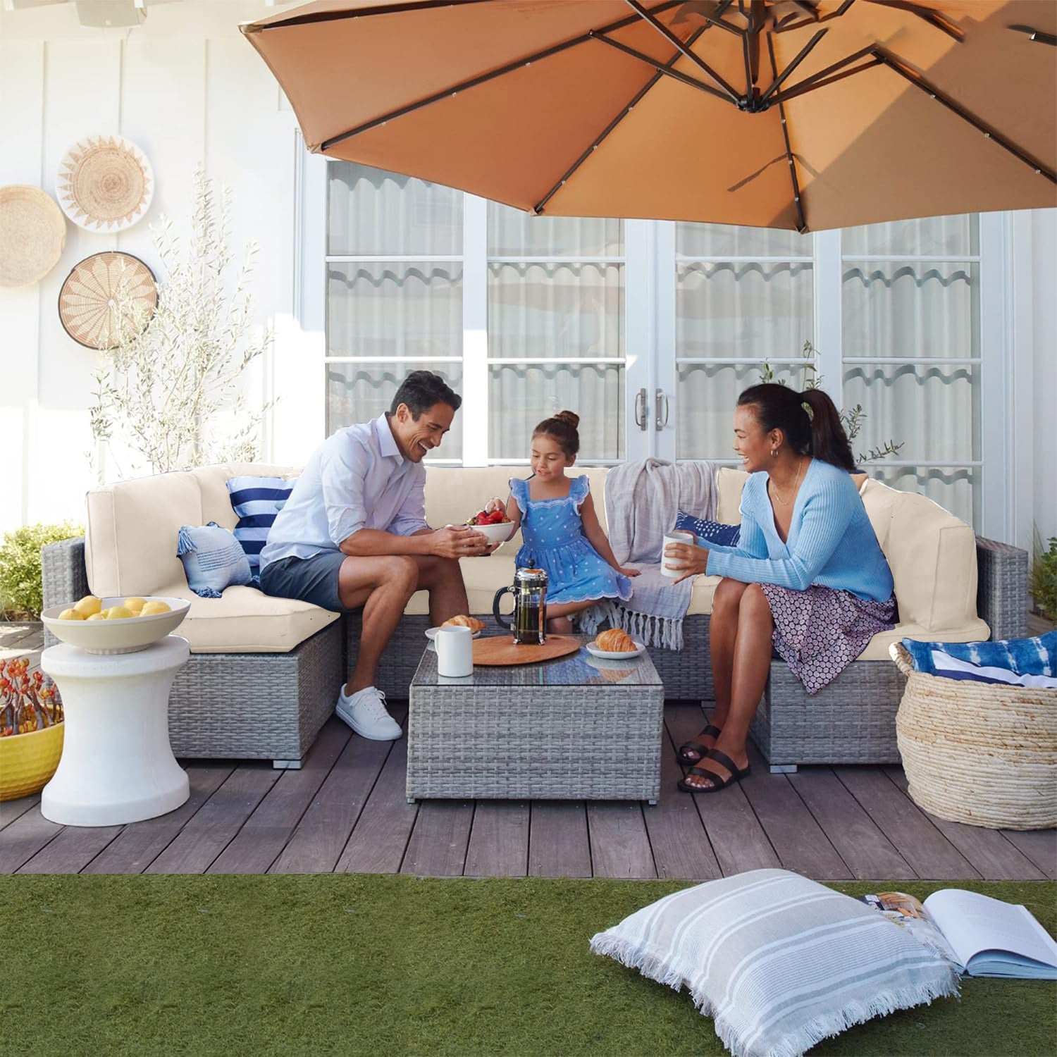JUEGO DE LIVING DE TERRAZA - SOFA SECCIONAL DE 7 PIEZAS PE RATAN PARA JARDIN - 8