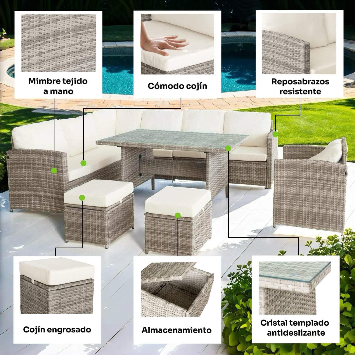 JUEGO DE COMEDOR DE TERRAZA RIVIERA 9 PERSONAS - BEIGE/GRIS - 5