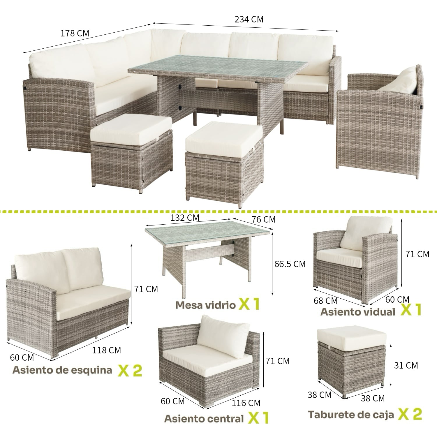 JUEGO DE COMEDOR DE TERRAZA RIVIERA 9 PERSONAS - BEIGE/GRIS - 8