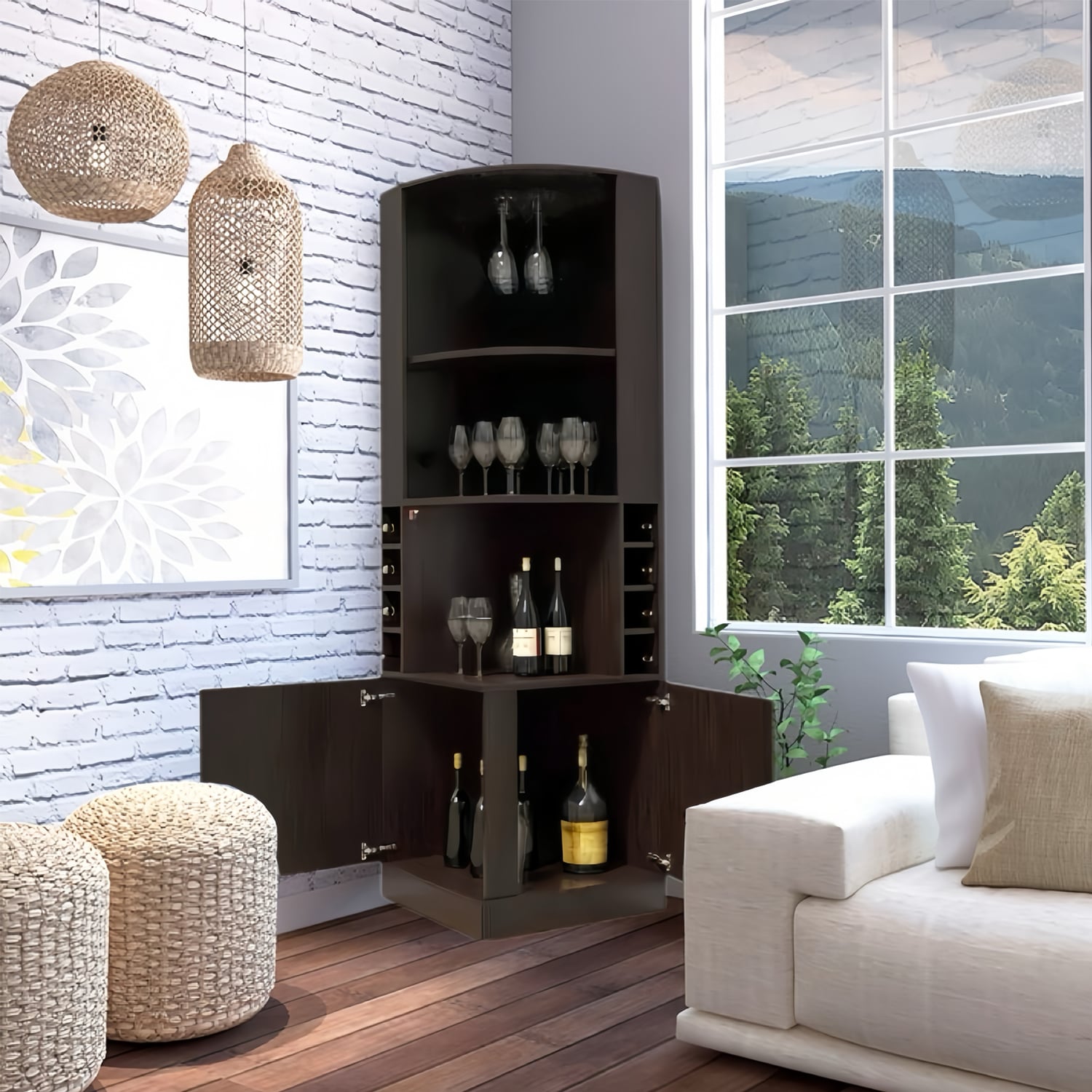 BAR ESQUINERO MADERA 180 CM CON 4 NIVELES MARRON RUSTICO - 1