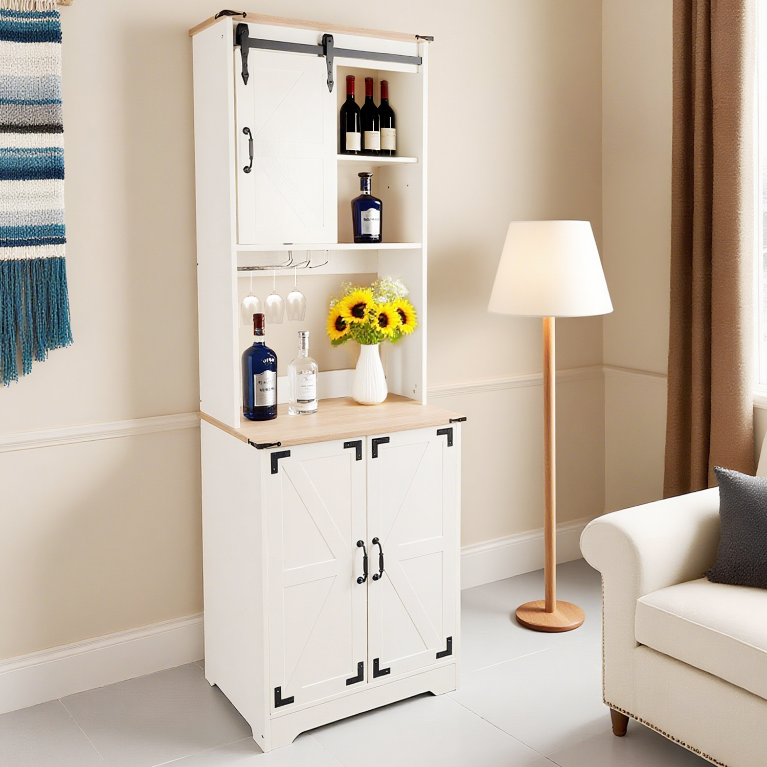 BAR ALTO ESQUINERO MADERA 6 BOTELLEROS CON PORTACOPAS BLANCO RUSTICO - 1