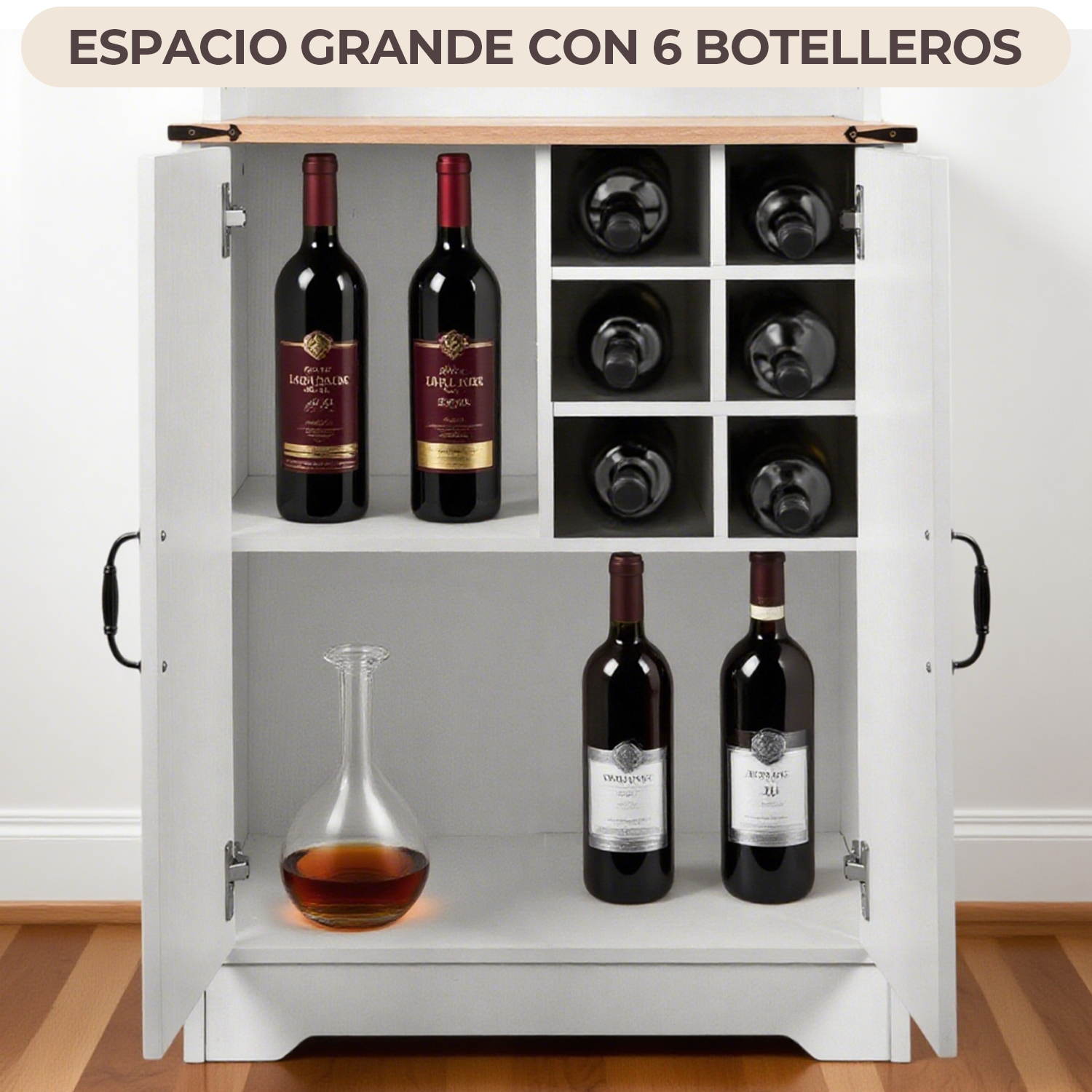 BAR ALTO ESQUINERO MADERA 6 BOTELLEROS CON PORTACOPAS BLANCO RUSTICO - 4