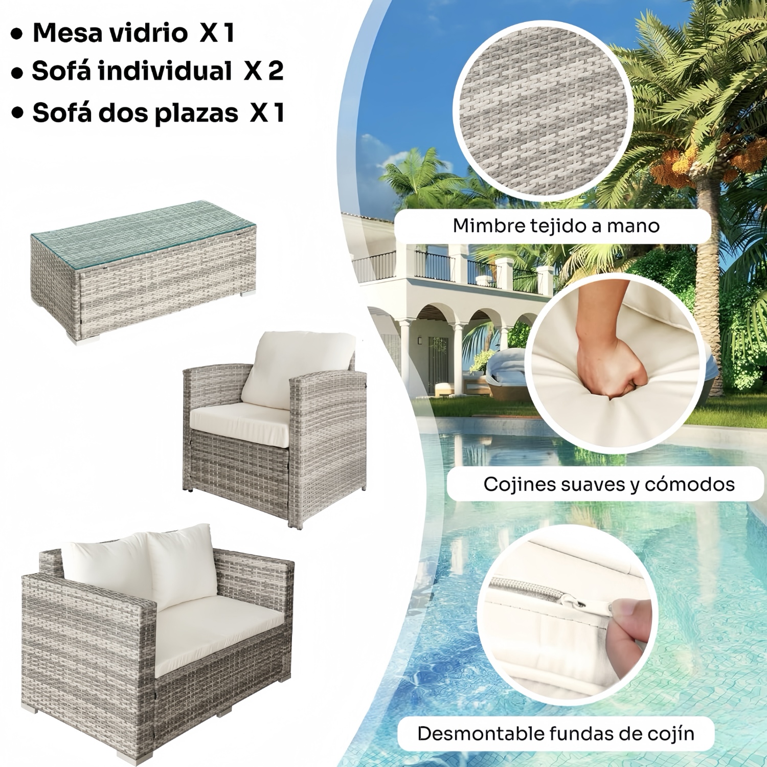 JUEGO DE LIVING DE TERRAZA BRISEIDA 4 PIEZAS CON COJINES Y MESA DE CENTRO - 2