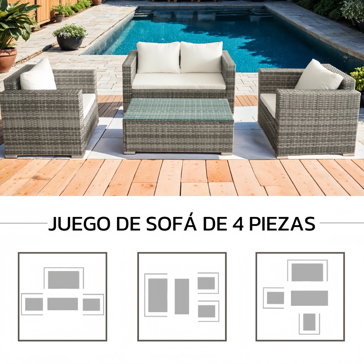 JUEGO DE LIVING DE TERRAZA BRISEIDA 4 PIEZAS CON COJINES Y MESA DE CENTRO - 5