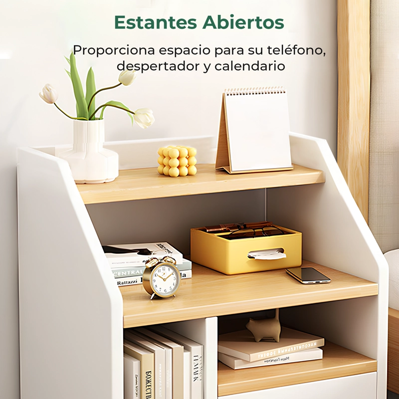 VELADOR 2 NIVELES CON CAJONES, COLOR BLANCO/OAK, 40X30X53 CM - 3