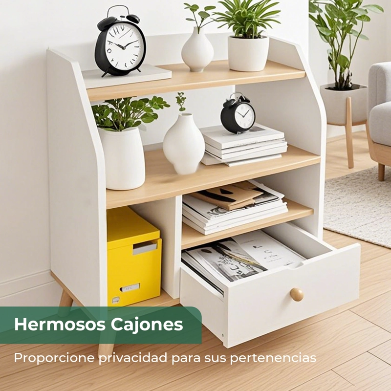 VELADOR 2 NIVELES CON CAJONES, COLOR BLANCO/OAK, 40X30X53 CM - 4
