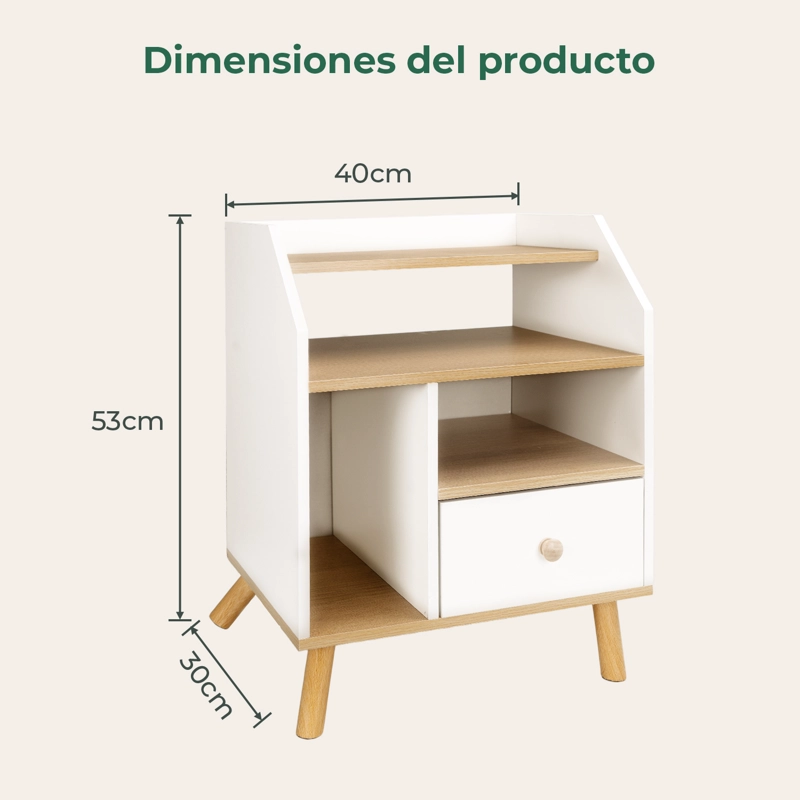 VELADOR 2 NIVELES CON CAJONES, COLOR BLANCO/OAK, 40X30X53 CM - 8