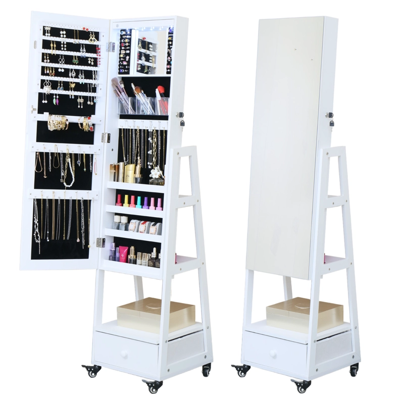 ESPEJO JOYERO ORGANIZAOR CON LED CAJON Y RUEDAS 158M BLANCO - 1