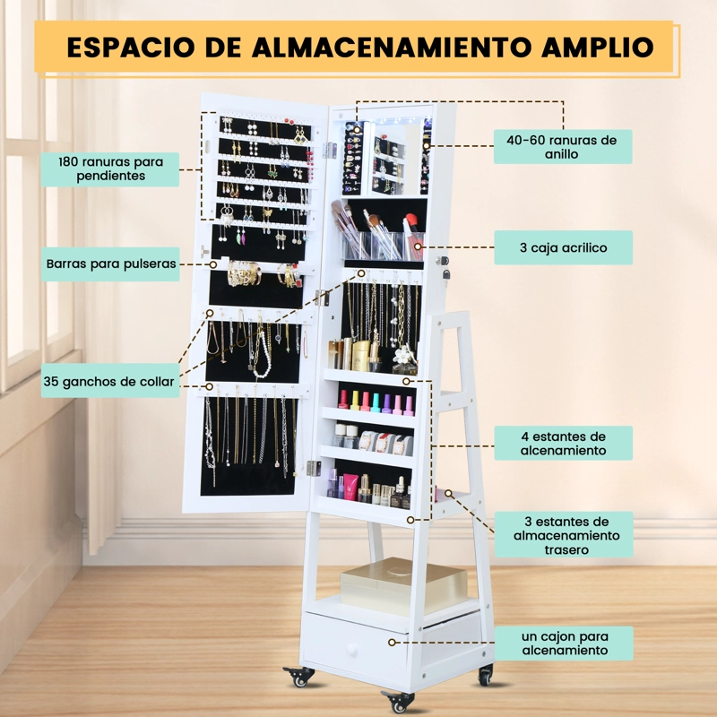 ESPEJO JOYERO ORGANIZAOR CON LED CAJON Y RUEDAS 158M BLANCO - 2