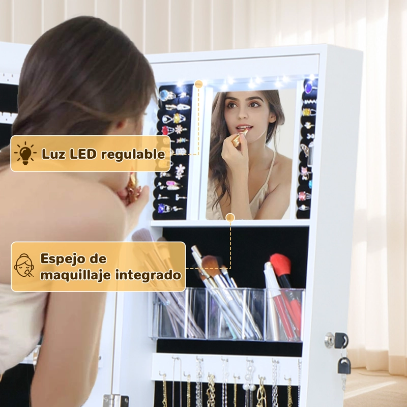 ESPEJO JOYERO ORGANIZAOR CON LED CAJON Y RUEDAS 158M BLANCO - 3